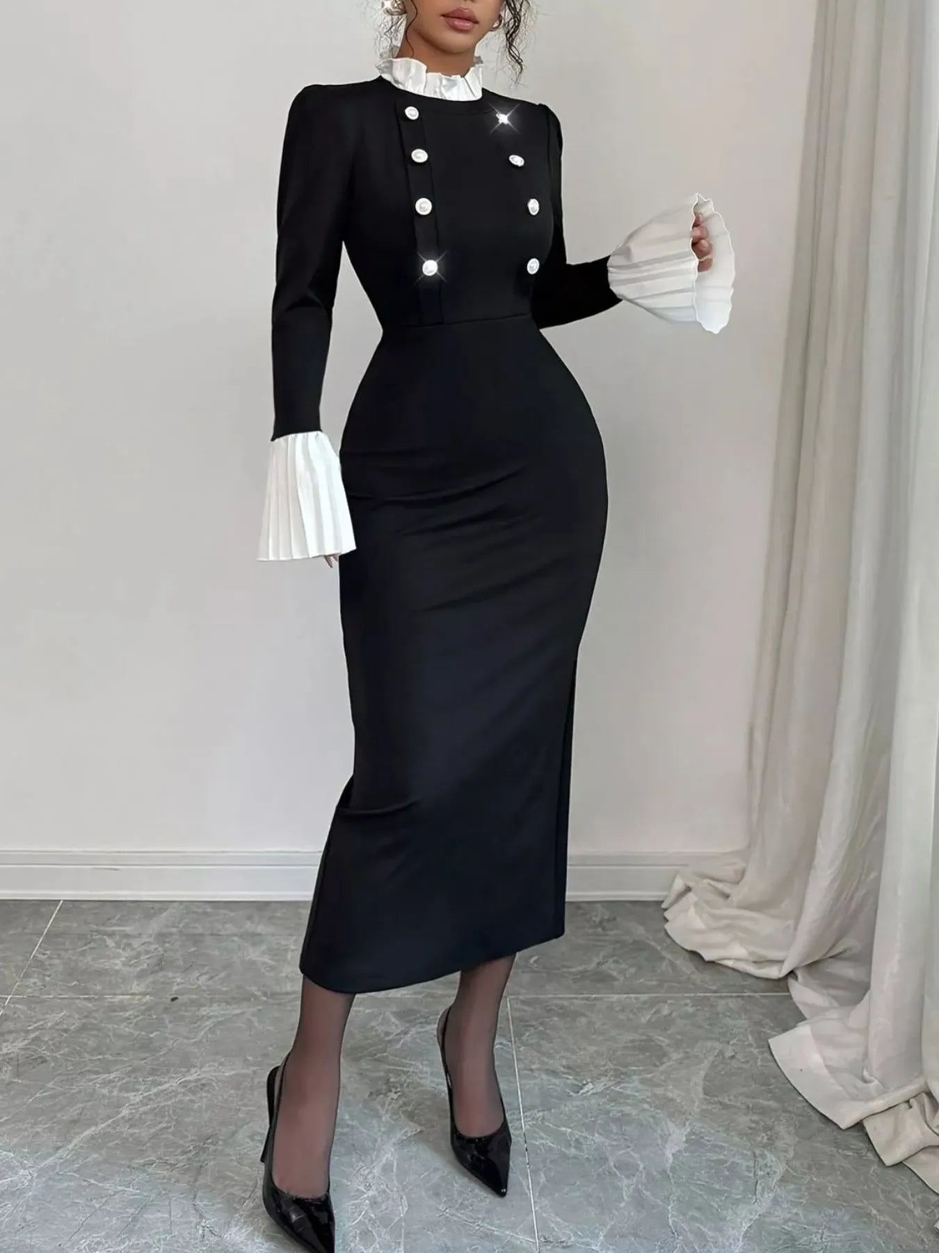 Two Tone Long Sleeve Midi Dress