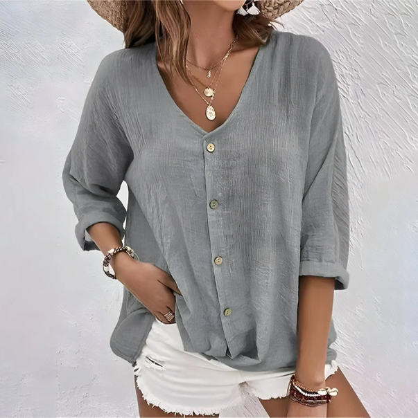 V-Neck Button-Front Blouse for Women, Three-Quarter Rolled Sleeves, Curved Hemline, Casual Wear Top