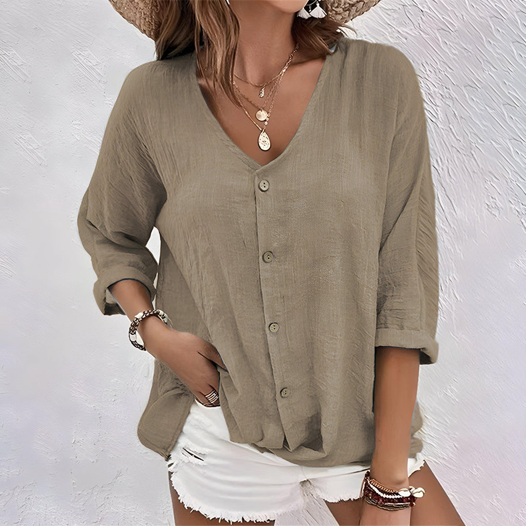 V-Neck Button-Front Blouse for Women, Three-Quarter Rolled Sleeves, Curved Hemline, Casual Wear Top