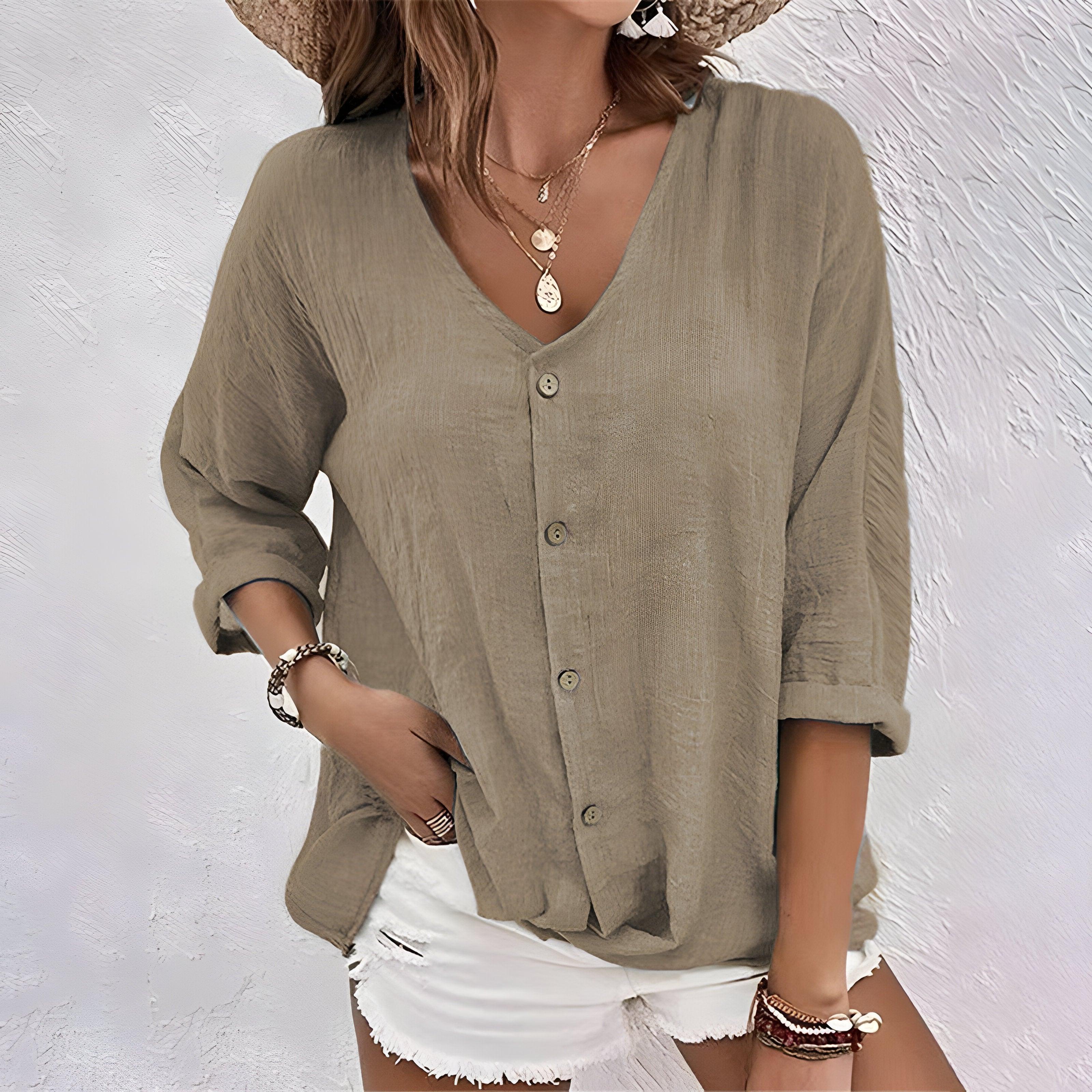 V-Neck Button-Front Blouse for Women, Three-Quarter Rolled Sleeves, Curved Hemline, Casual Wear Top