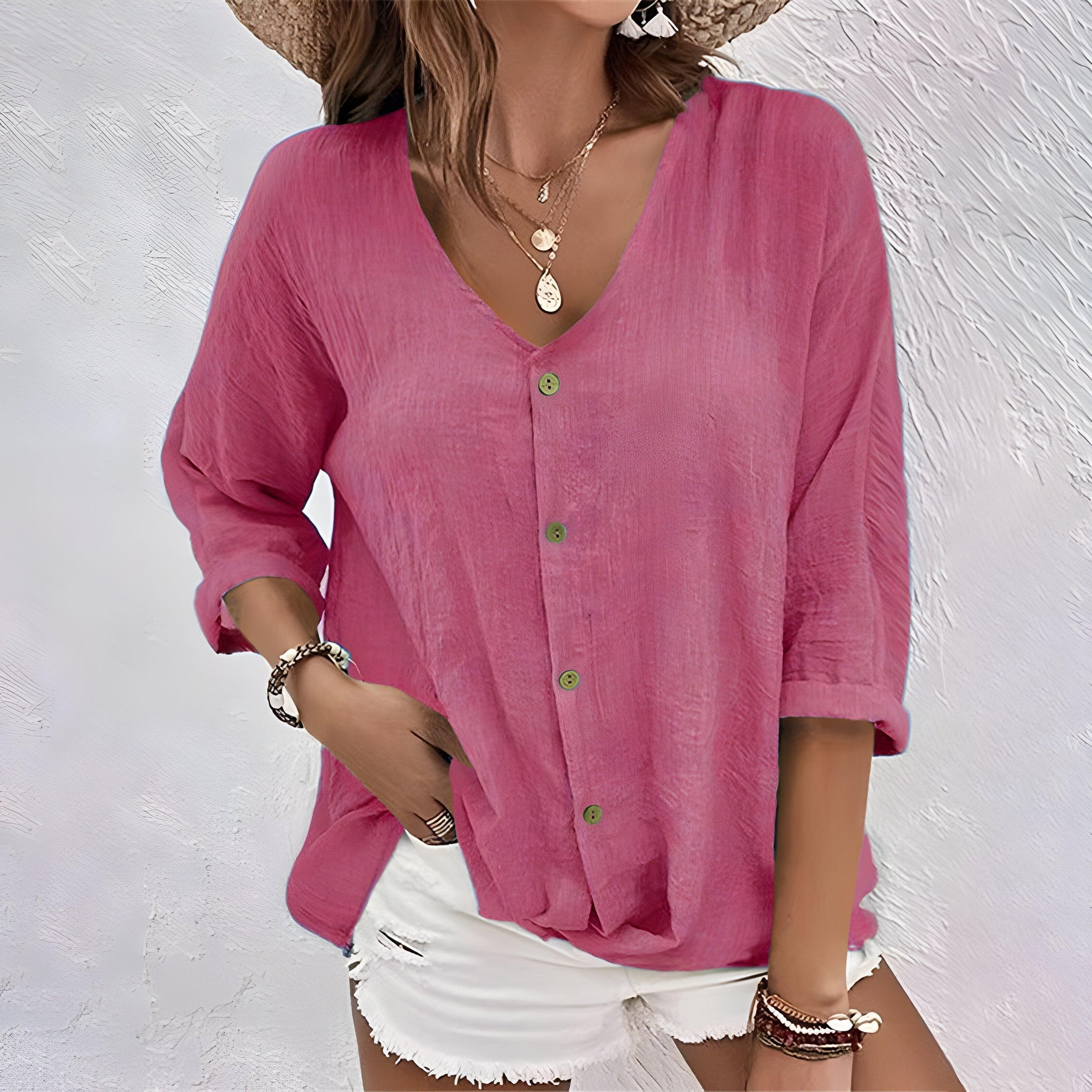 V-Neck Button-Front Blouse for Women, Three-Quarter Rolled Sleeves, Curved Hemline, Casual Wear Top