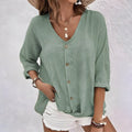 V-Neck Button-Front Blouse for Women, Three-Quarter Rolled Sleeves, Curved Hemline, Casual Wear Top