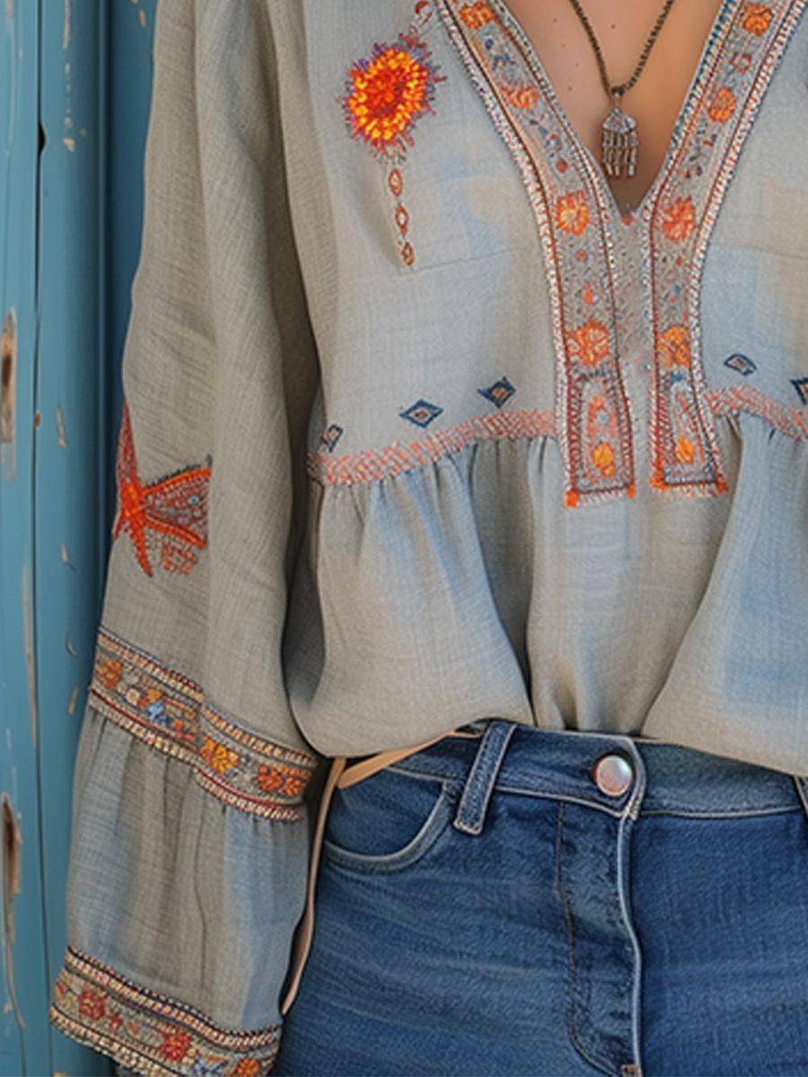 V-Neck Embroidered Blouse for Women, Long Sleeve with Wide Cuffs, Casual Top for Everyday Wear