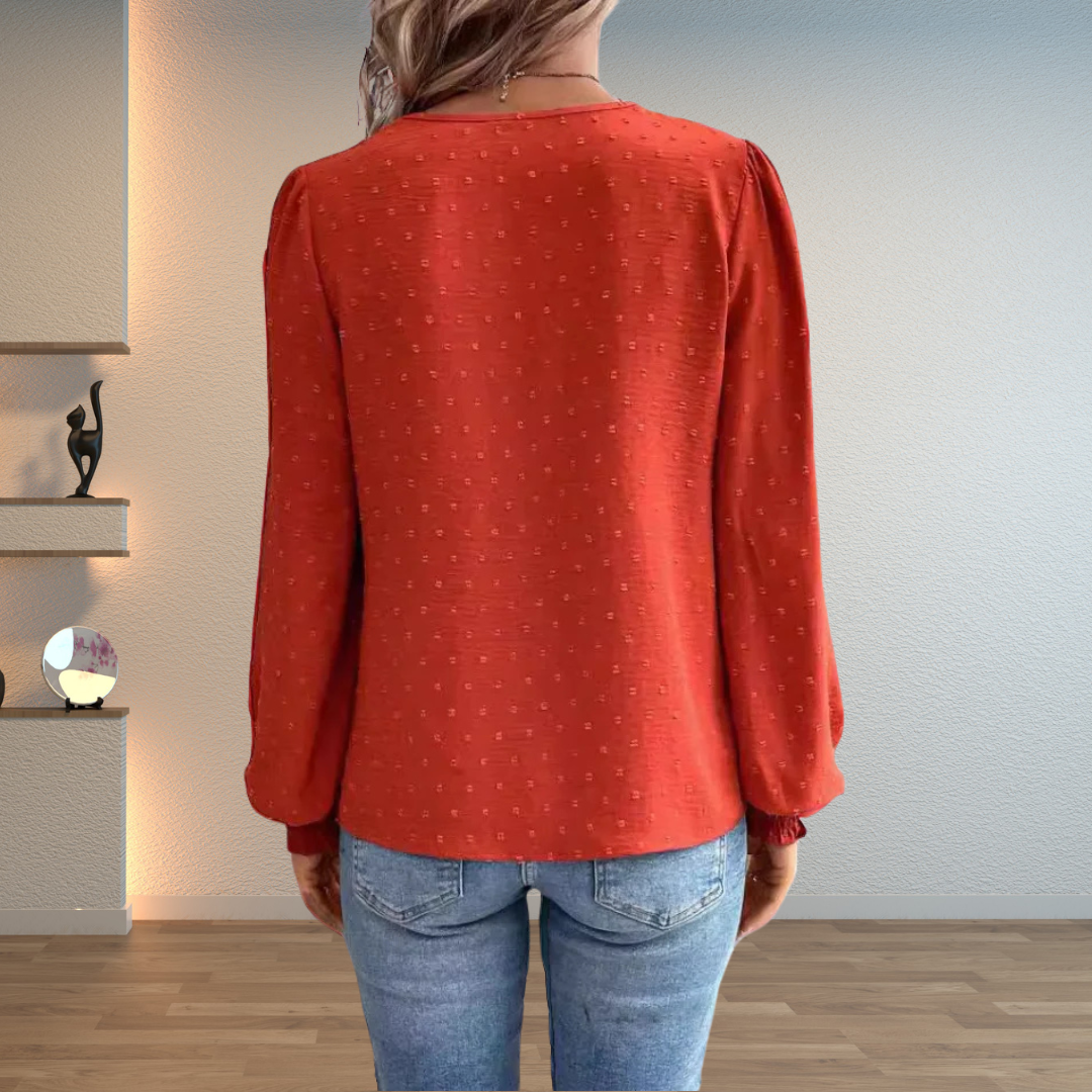 V-Neck Lace Front Blouse for Women with Swiss Dot Long Sleeves - Elegant Casual Top for Everyday Wear