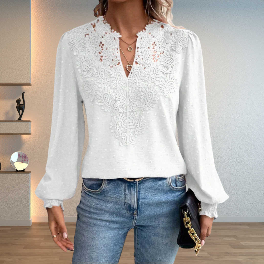 V-Neck Lace Front Blouse for Women with Swiss Dot Long Sleeves - Elegant Casual Top for Everyday Wear