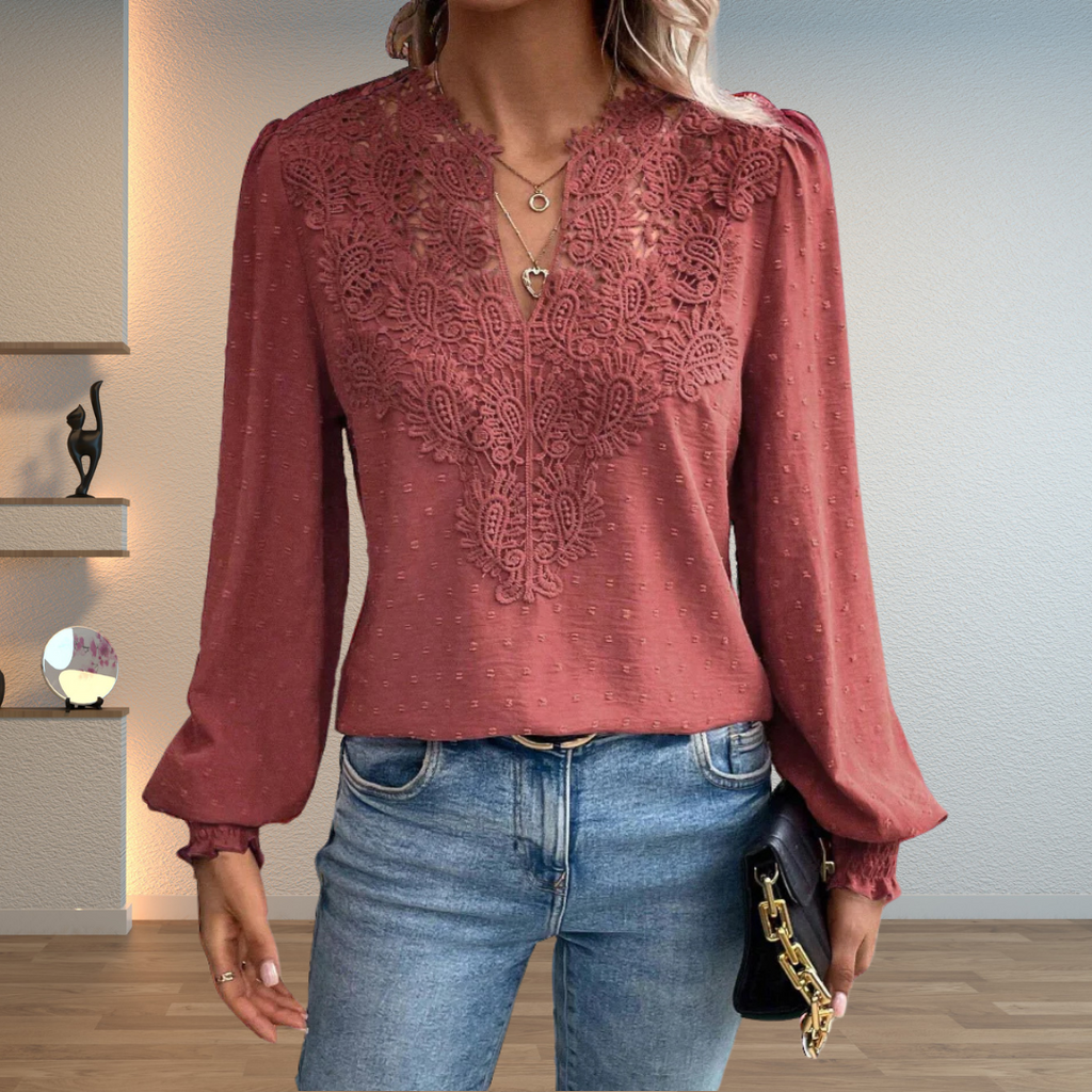V-Neck Lace Front Blouse for Women with Swiss Dot Long Sleeves - Elegant Casual Top for Everyday Wear