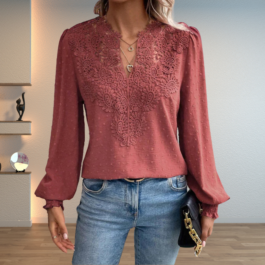 V-Neck Lace Front Blouse for Women with Swiss Dot Long Sleeves - Elegant Casual Top for Everyday Wear