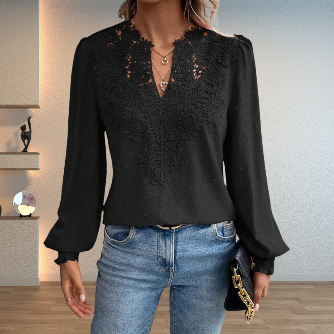 V-Neck Lace Front Blouse for Women with Swiss Dot Long Sleeves - Elegant Casual Top for Everyday Wear