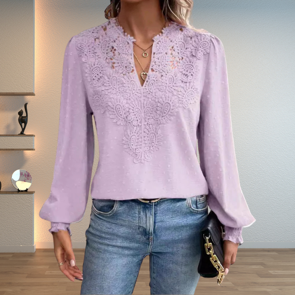 V-Neck Lace Front Blouse for Women with Swiss Dot Long Sleeves - Elegant Casual Top for Everyday Wear