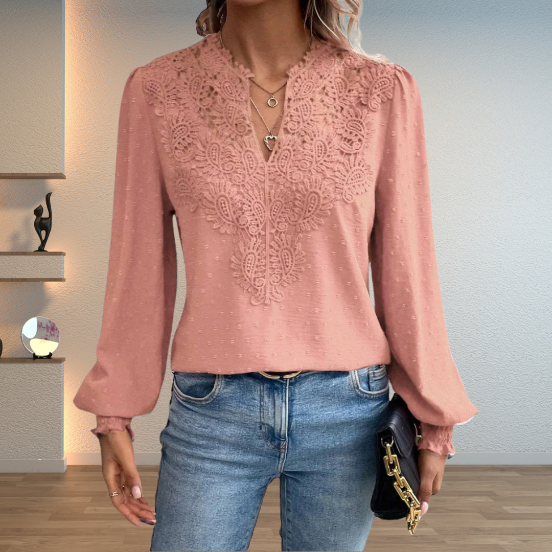 V-Neck Lace Front Blouse for Women with Swiss Dot Long Sleeves - Elegant Casual Top for Everyday Wear