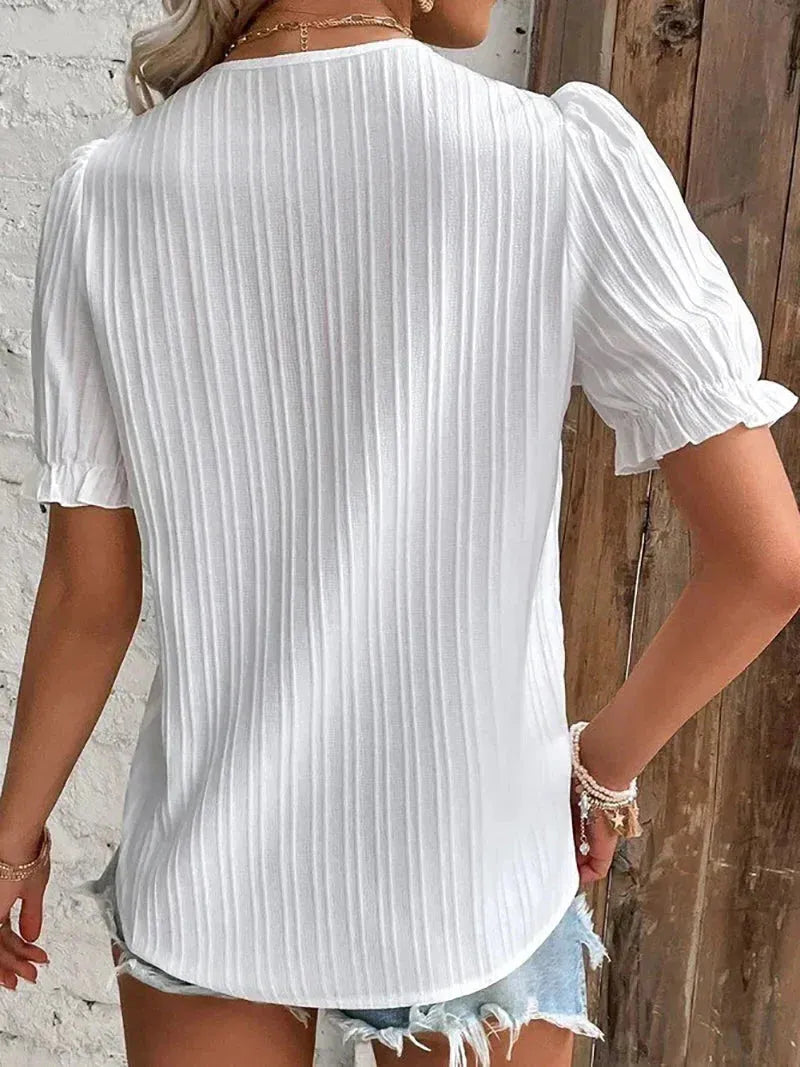 V-Neck Lace Trim Blouse for Women with Puff Sleeves - Elegant Casual Top for Everyday Wear