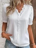 V-Neck Lace Trim Blouse for Women with Puff Sleeves - Elegant Casual Top for Everyday Wear