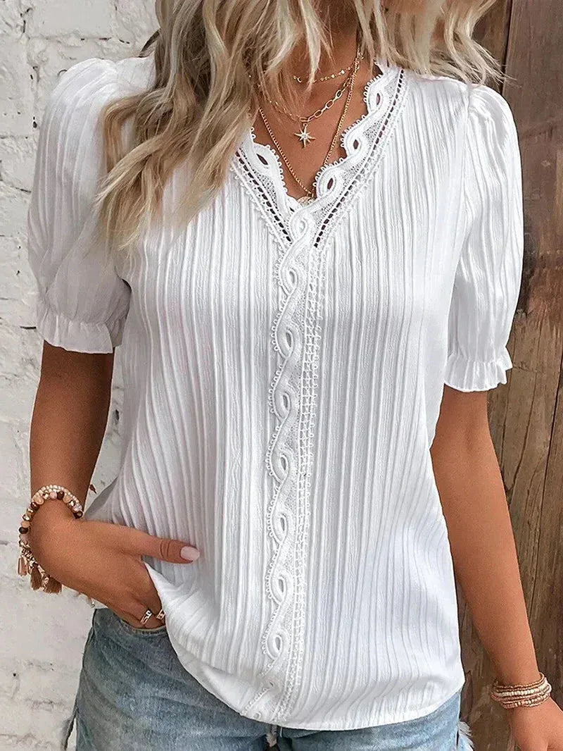 V-Neck Lace Trim Blouse for Women with Puff Sleeves - Elegant Casual Top for Everyday Wear