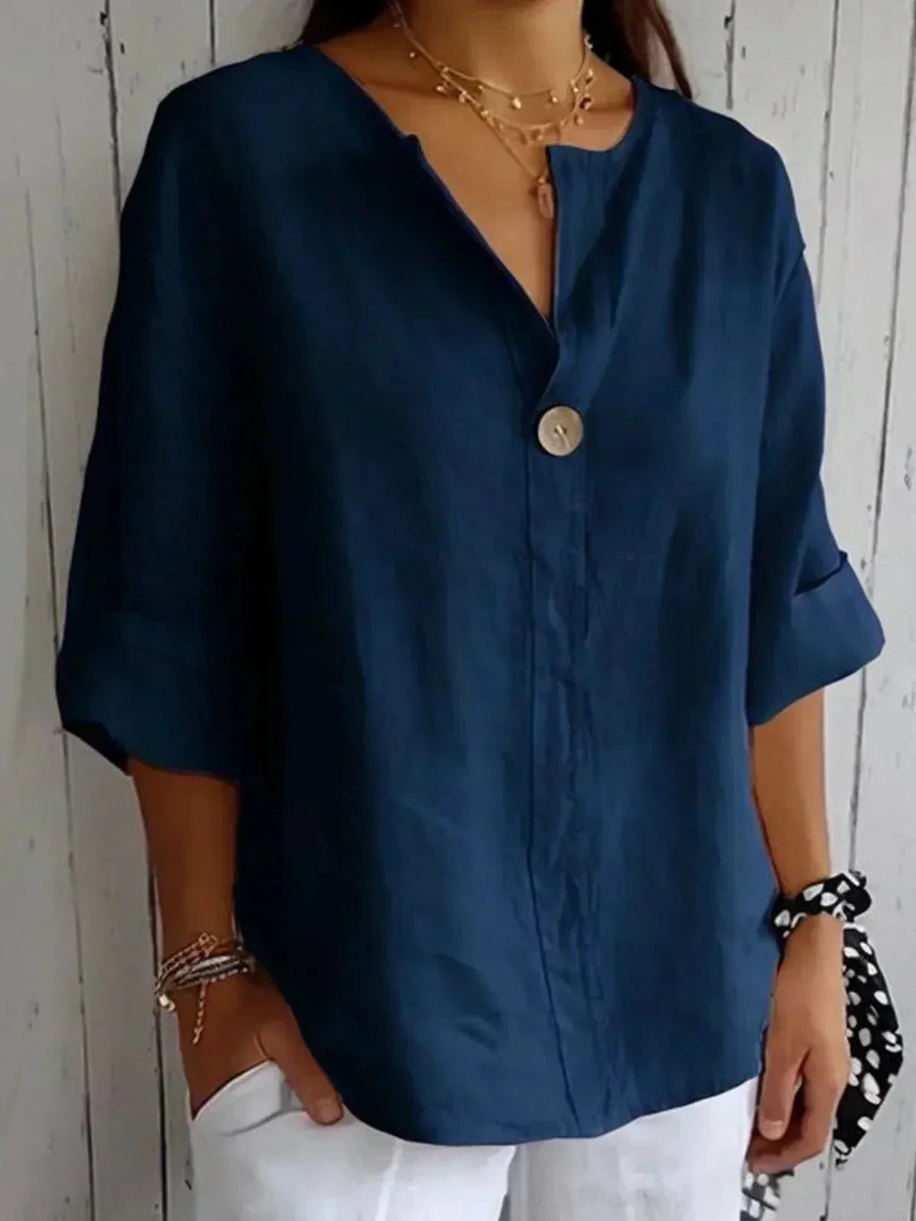 V-Neck Women's Blouse with Band Collar and Three-Quarter Rolled Cuff Sleeves for Casual or Office Wear