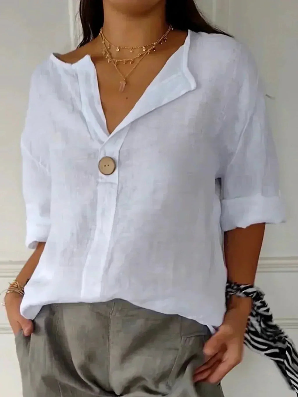 V-Neck Women's Blouse with Band Collar and Three-Quarter Rolled Cuff Sleeves for Casual or Office Wear