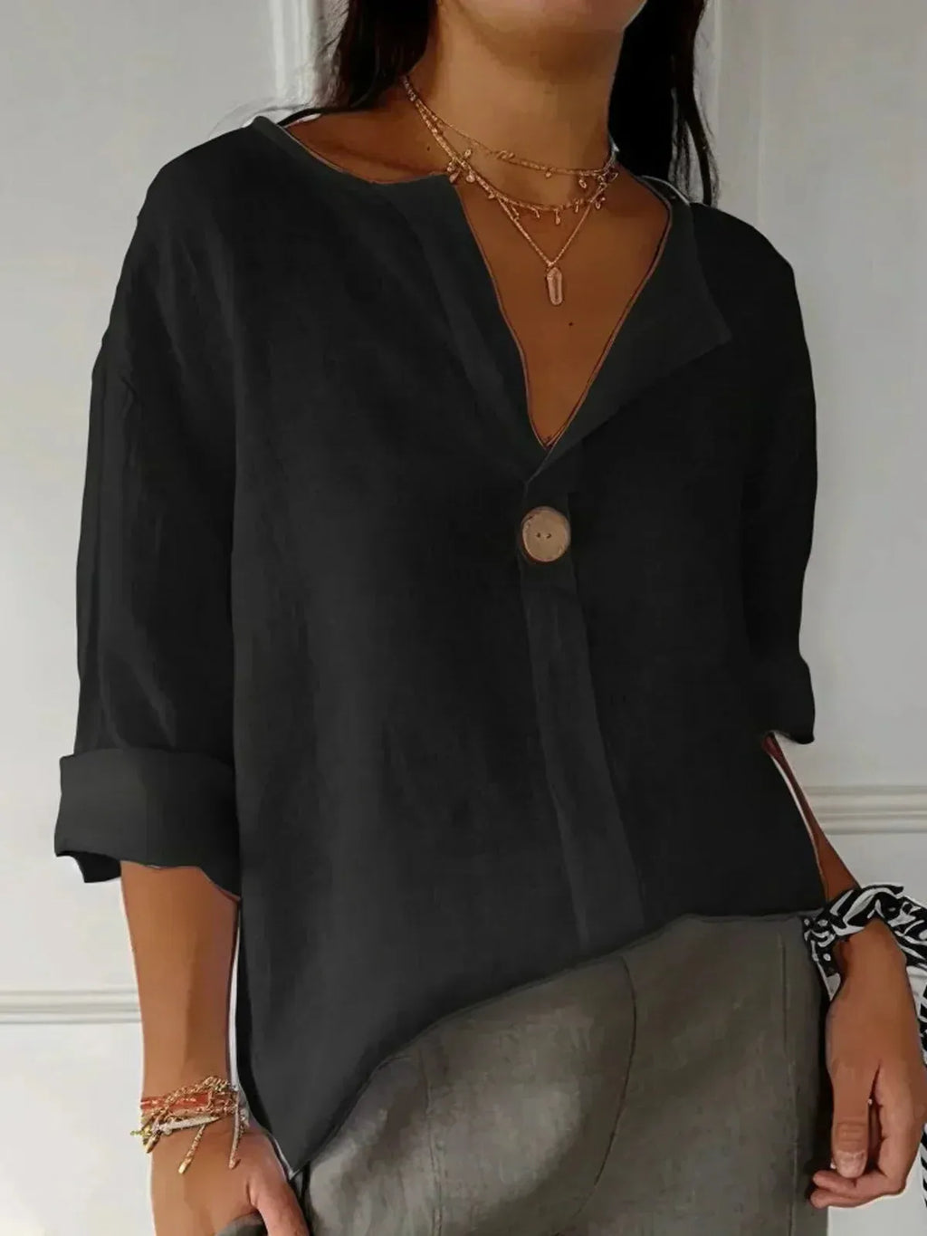 V-Neck Women's Blouse with Band Collar and Three-Quarter Rolled Cuff Sleeves for Casual or Office Wear