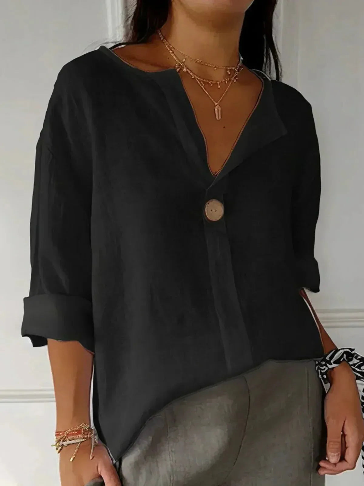 V-Neck Women's Blouse with Band Collar and Three-Quarter Rolled Cuff Sleeves for Casual or Office Wear