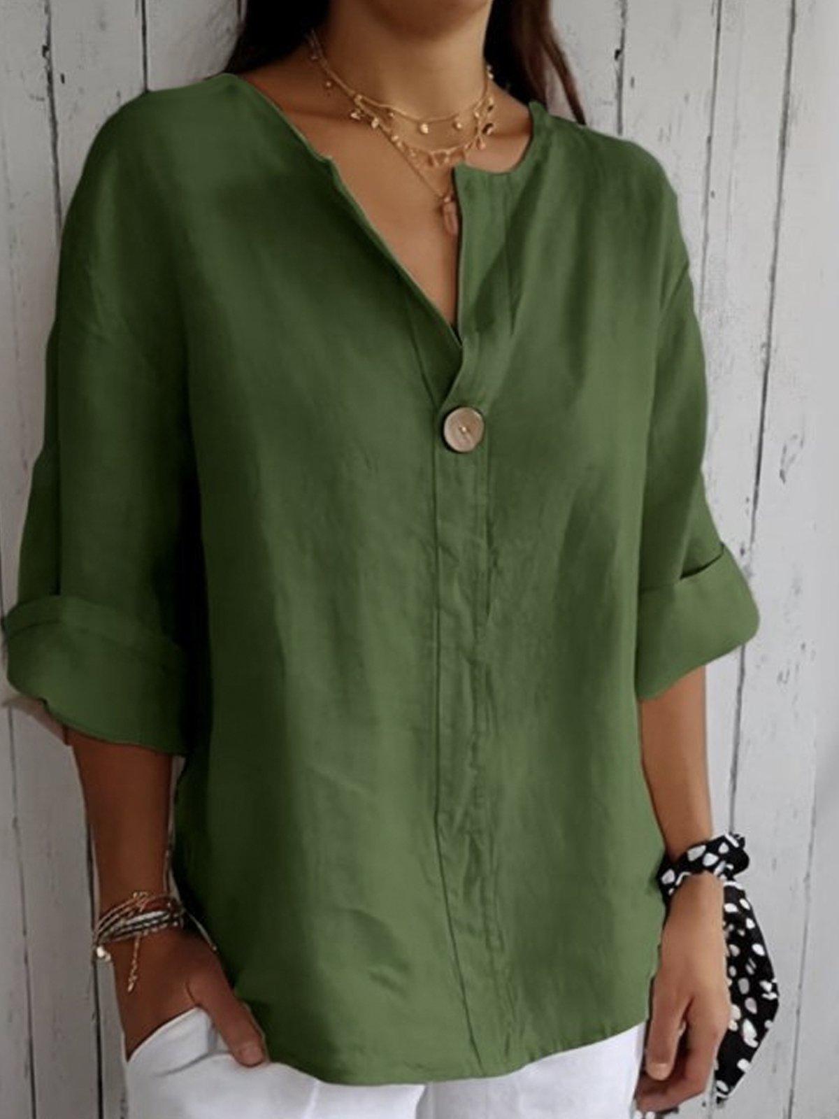 V-Neck Women's Blouse with Band Collar and Three-Quarter Rolled Cuff Sleeves for Casual or Office Wear