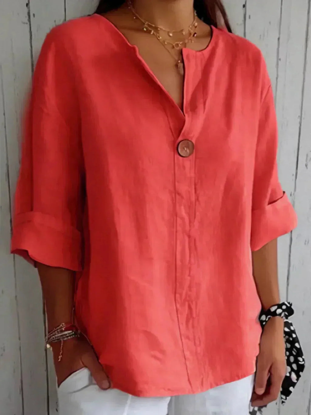 V-Neck Women's Blouse with Band Collar and Three-Quarter Rolled Cuff Sleeves for Casual or Office Wear