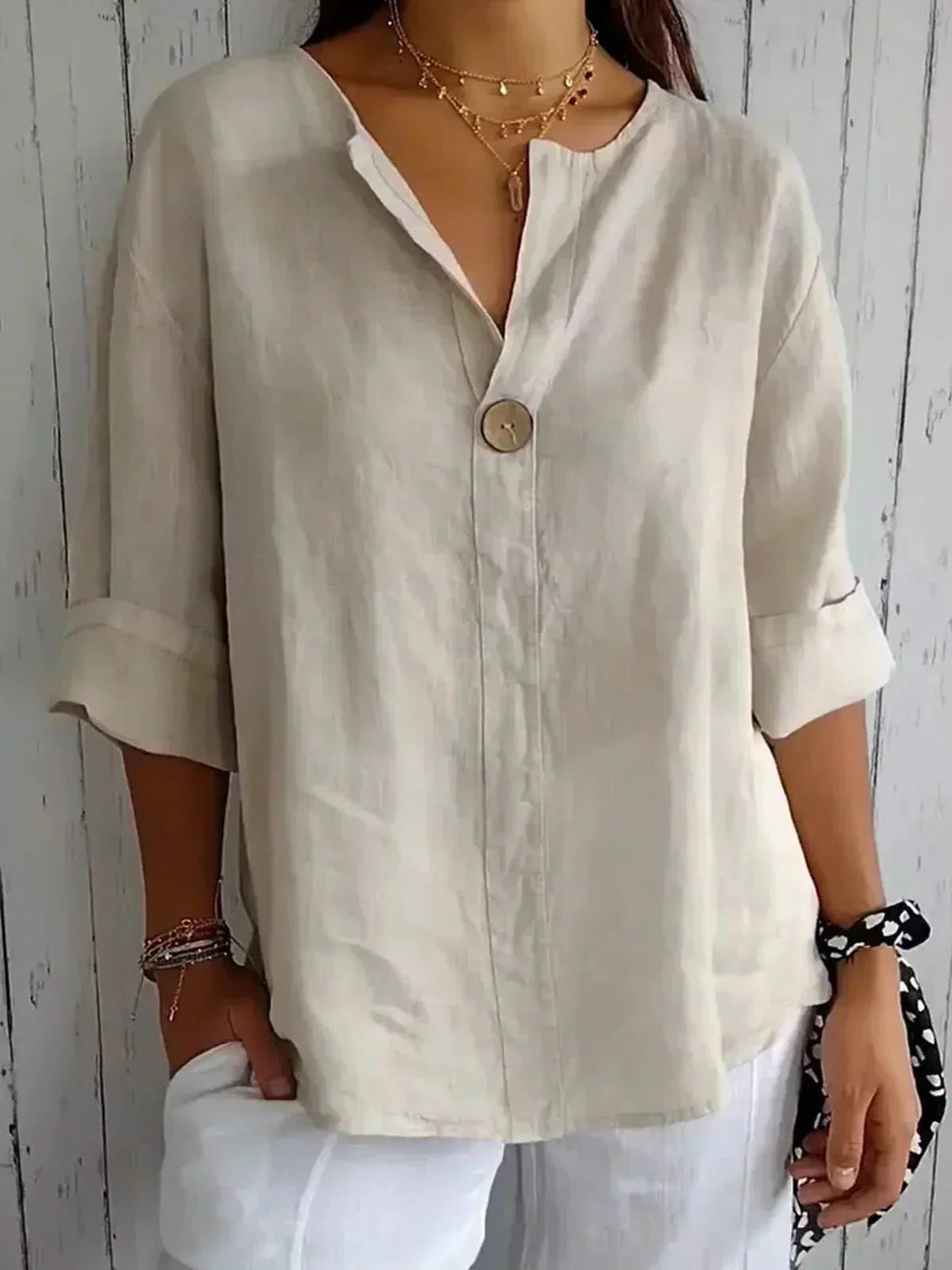 V-Neck Women's Blouse with Band Collar and Three-Quarter Rolled Cuff Sleeves for Casual or Office Wear
