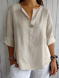 V-Neck Women's Blouse with Band Collar and Three-Quarter Rolled Cuff Sleeves for Casual or Office Wear
