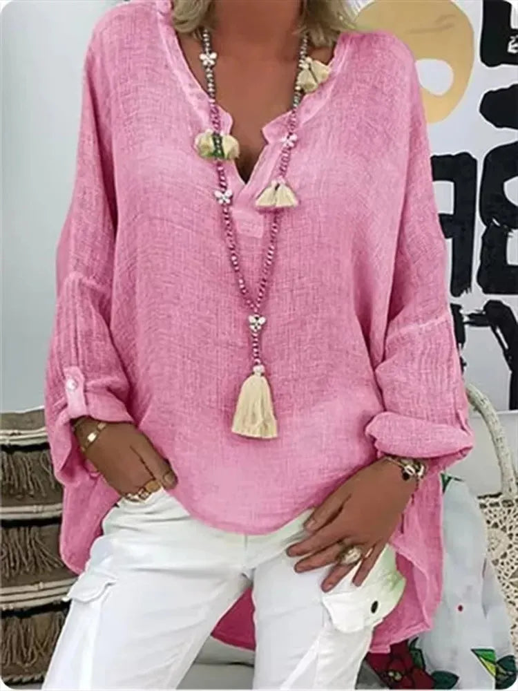 V-Neck Women's Blouse with Notched Neckline and Rolled Sleeves - Casual Lightweight Top for Everyday Wear