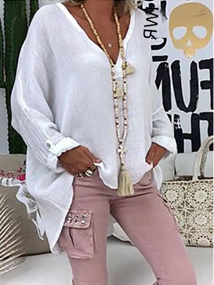 V-Neck Women's Blouse with Notched Neckline and Rolled Sleeves - Casual Lightweight Top for Everyday Wear