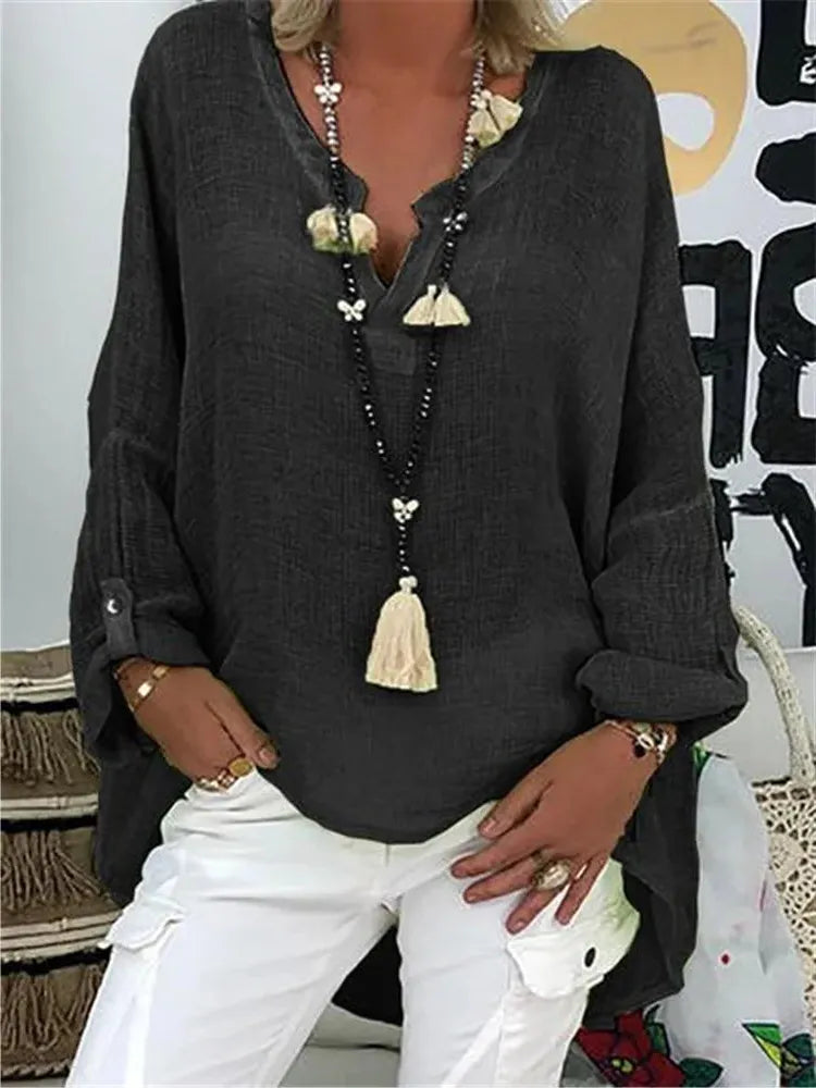 V-Neck Women's Blouse with Notched Neckline and Rolled Sleeves - Casual Lightweight Top for Everyday Wear