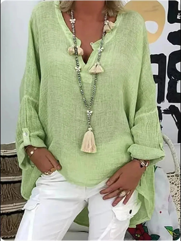 V-Neck Women's Blouse with Notched Neckline and Rolled Sleeves - Casual Lightweight Top for Everyday Wear