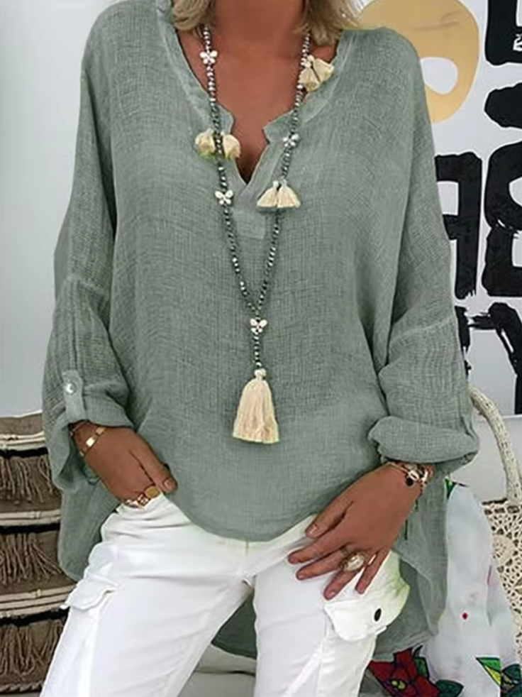 V-Neck Women's Blouse with Notched Neckline and Rolled Sleeves - Casual Lightweight Top for Everyday Wear