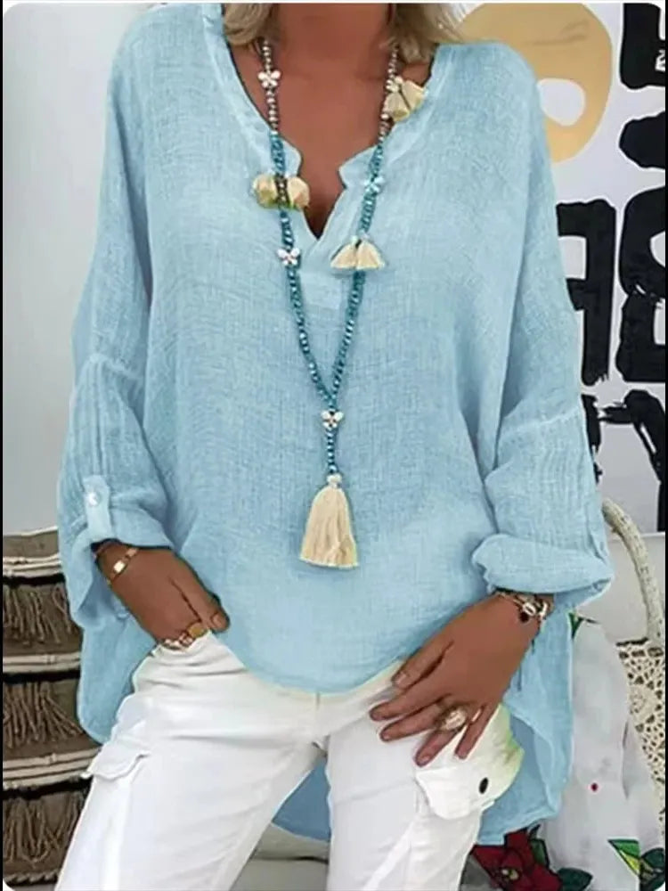 V-Neck Women's Blouse with Notched Neckline and Rolled Sleeves - Casual Lightweight Top for Everyday Wear