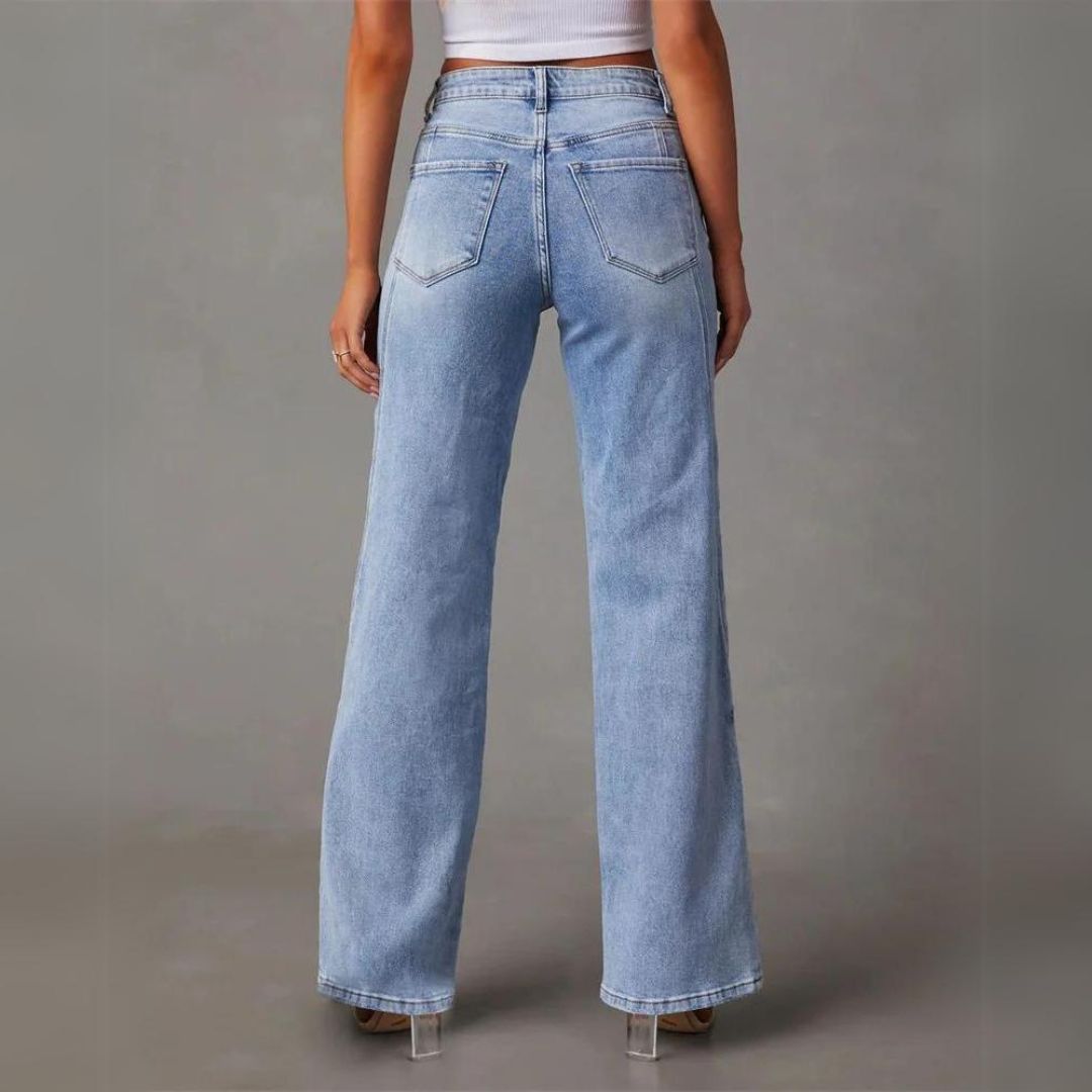 Wide-Leg Jeans for Women with Front Pockets and Button Closure in Washed Denim Finish
