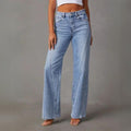 Wide-Leg Jeans for Women with Front Pockets and Button Closure in Washed Denim Finish