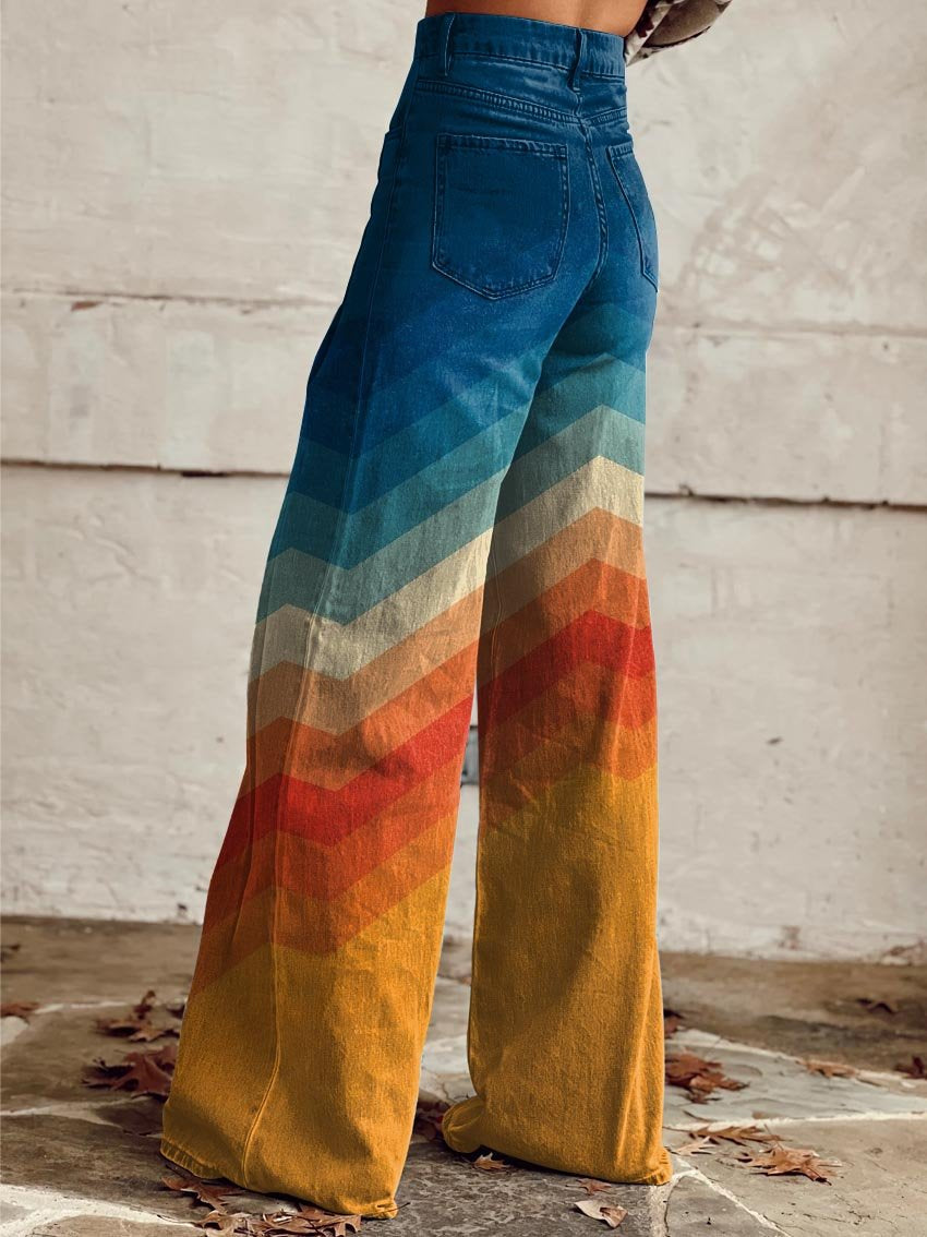 Wide Leg Women's Pants in Rainbow Gradient - Lightweight Fabric for Casual Wear or Summer Outings