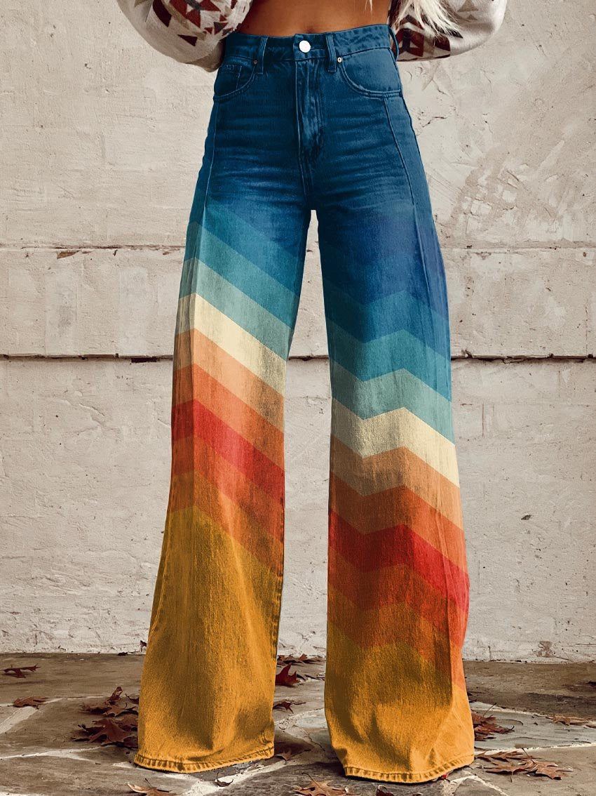 Wide Leg Women's Pants in Rainbow Gradient - Lightweight Fabric for Casual Wear or Summer Outings