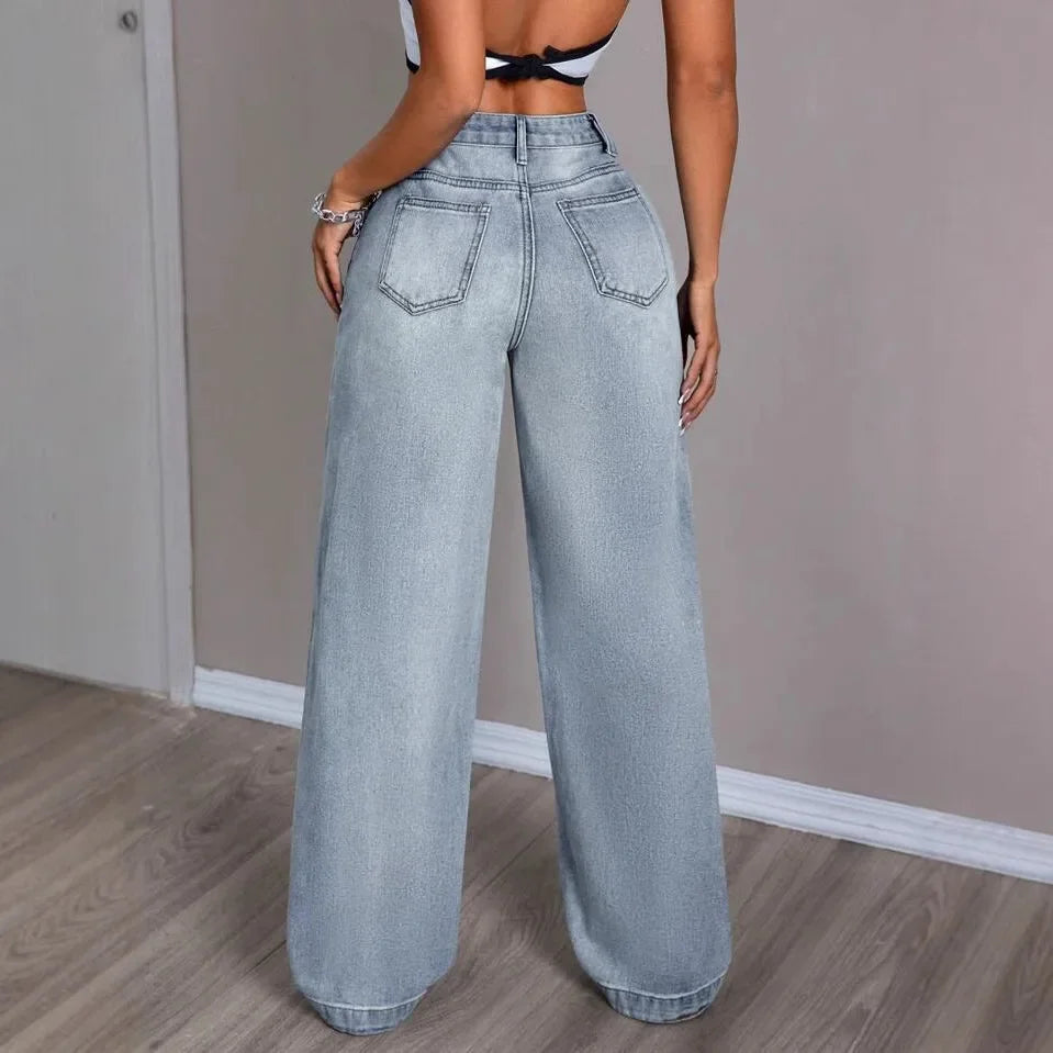 Wide Leg Women's Pants with Button-Front Closure - Casual Cotton Trousers for Everyday Wear
