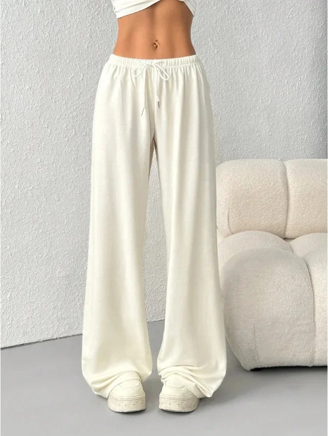 Wide Leg Women's Pants with Elastic Waist and Drawstring for Casual Wear - Comfortable and Versatile Trousers
