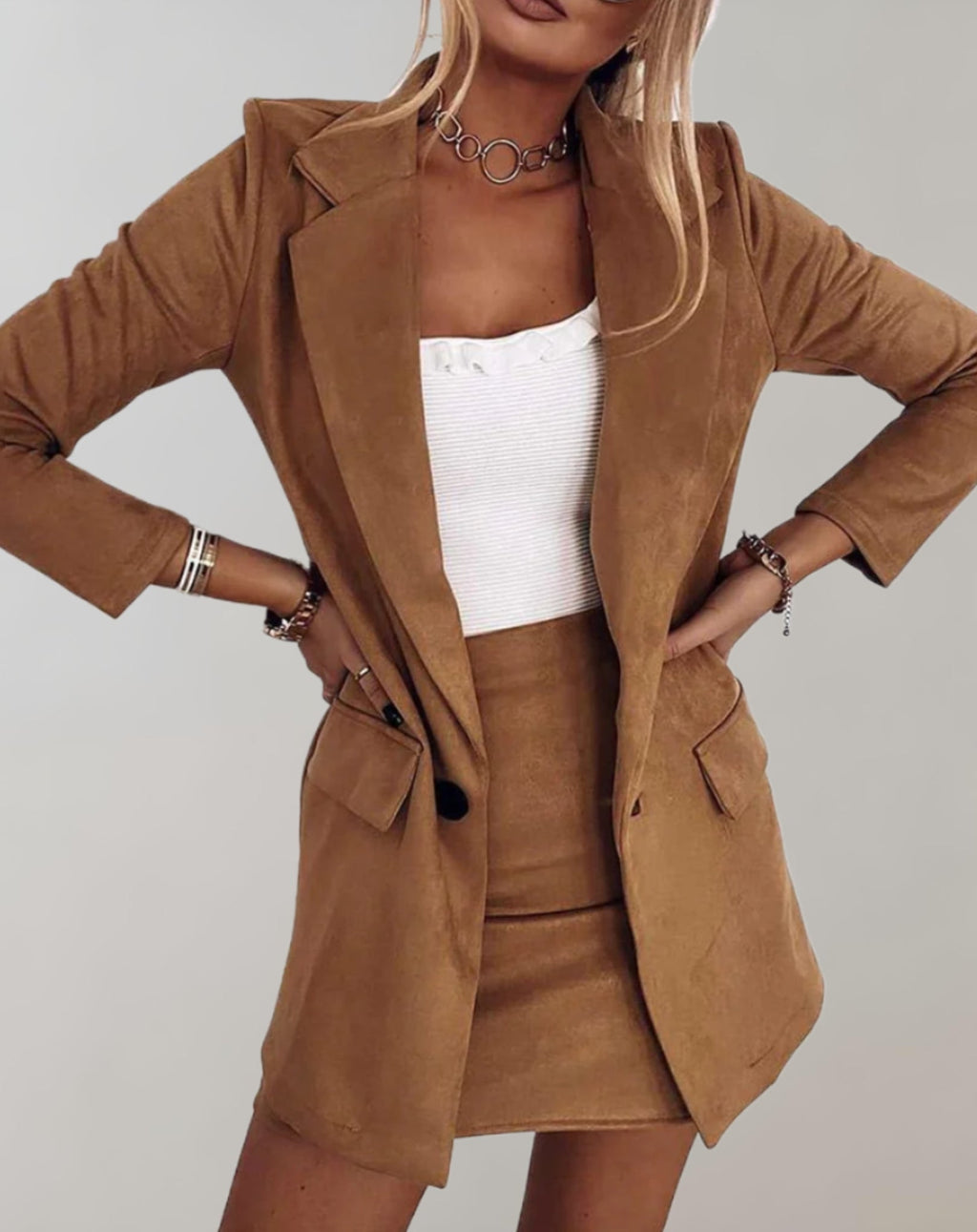 Womens Blazer and Mini Skirt Set - Tailored Suiting Fabric - Chic Office Outfit - Versatile for Work or Events