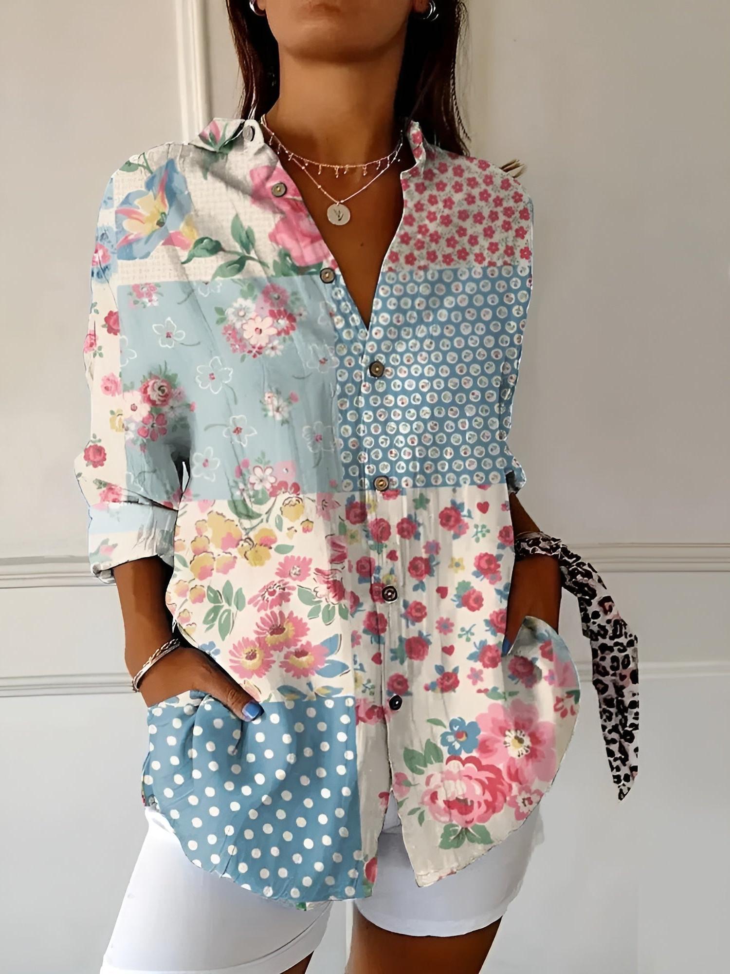 Women's Button-Front Collared Blouse with Rolled Three-Quarter Sleeves and Printed Design for Casual Wear