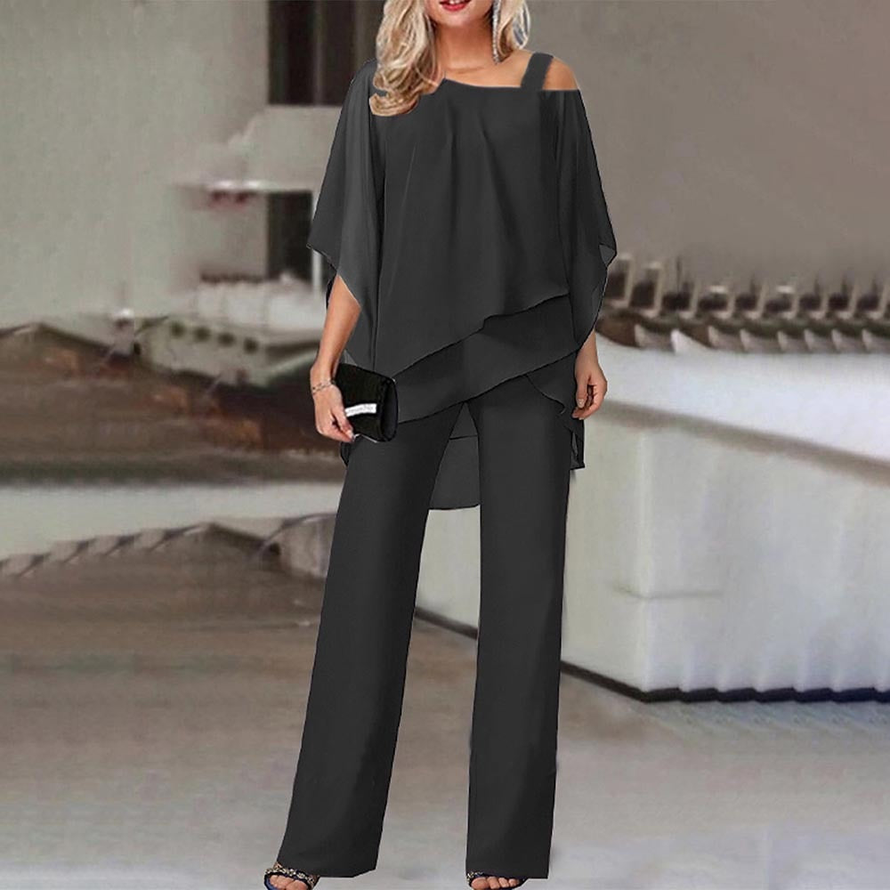 Women's Cold Shoulder Blouse and Pants Two-Piece Set - Casual Summer Outfit in Lightweight Fabric