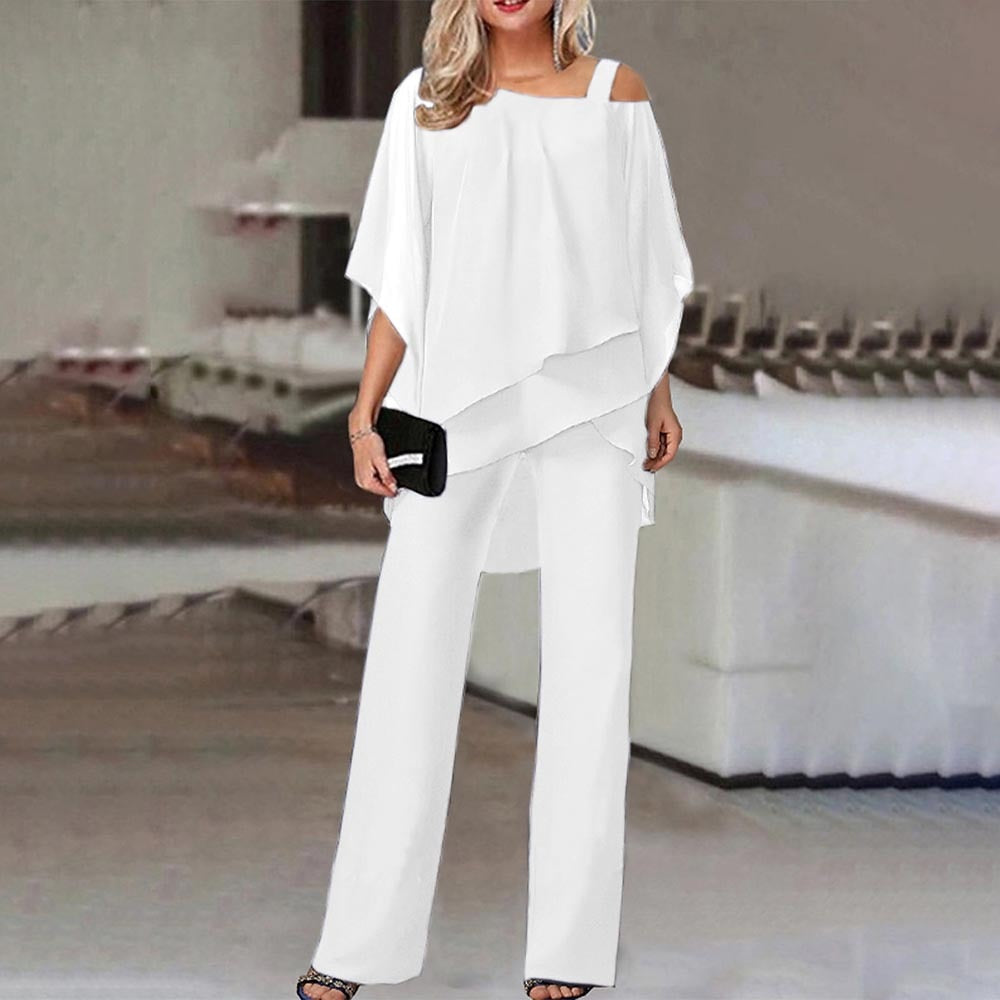 Women's Cold Shoulder Blouse and Pants Two-Piece Set - Casual Summer Outfit in Lightweight Fabric