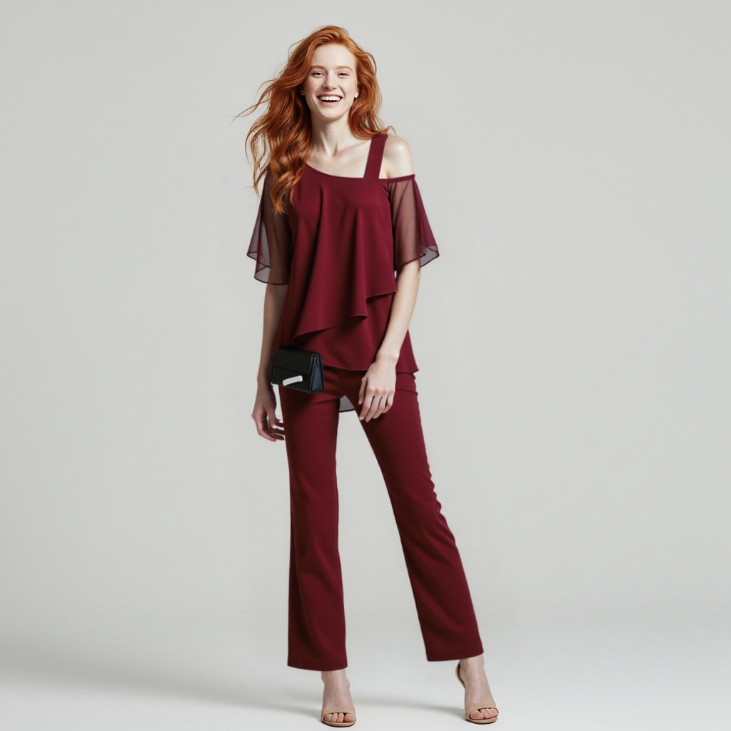 Women's Cold Shoulder Blouse and Pants Two-Piece Set - Casual Summer Outfit in Lightweight Fabric