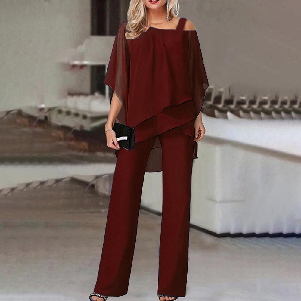 Women's Cold Shoulder Blouse and Pants Two-Piece Set - Casual Summer Outfit in Lightweight Fabric