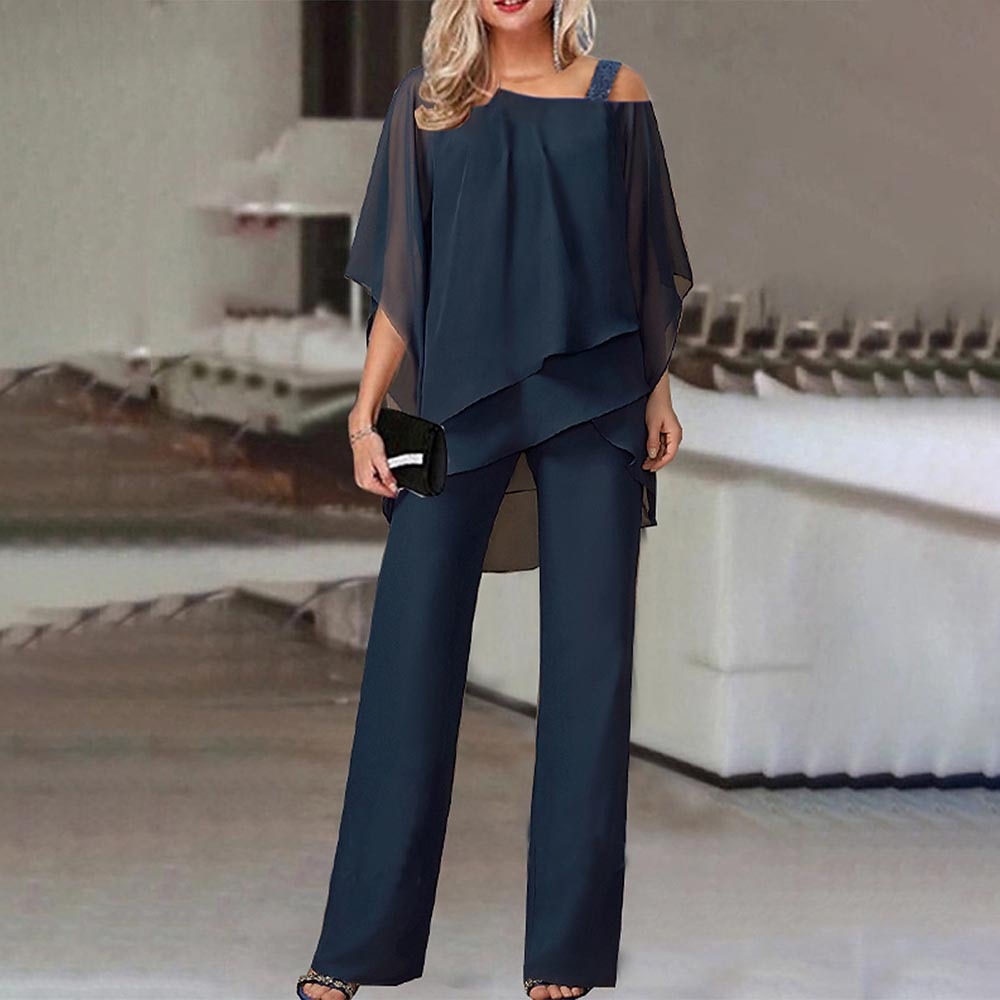 Women's Cold Shoulder Blouse and Pants Two-Piece Set - Casual Summer Outfit in Lightweight Fabric