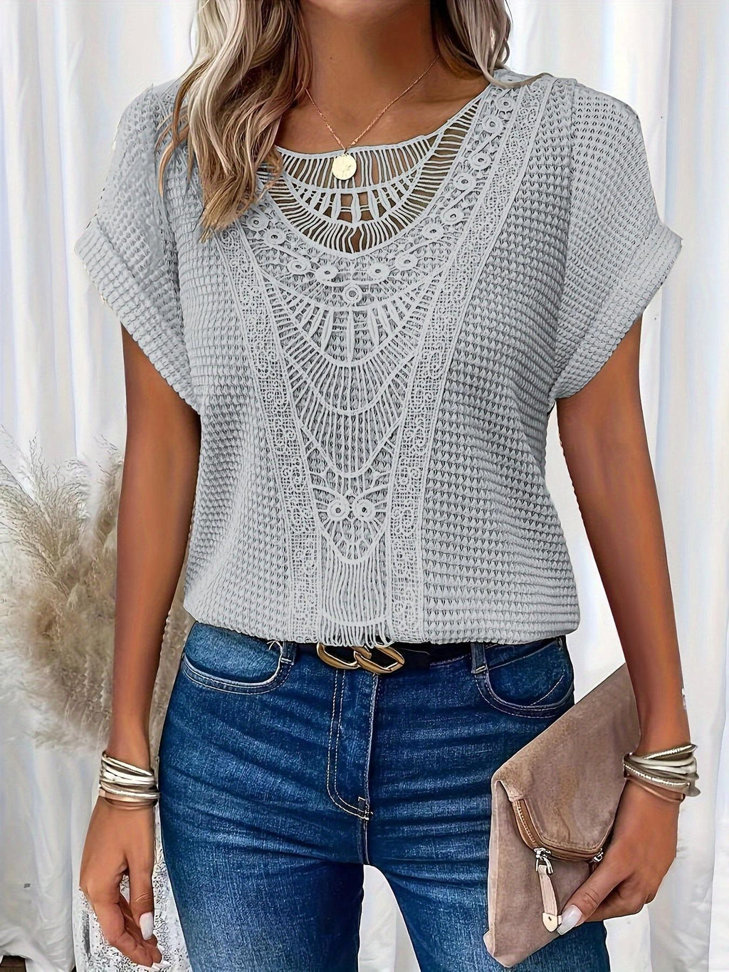 Women's Crochet Panel Short Sleeve Waffle-Knit Shirt - Casual Round Neck Top for Everyday Wear