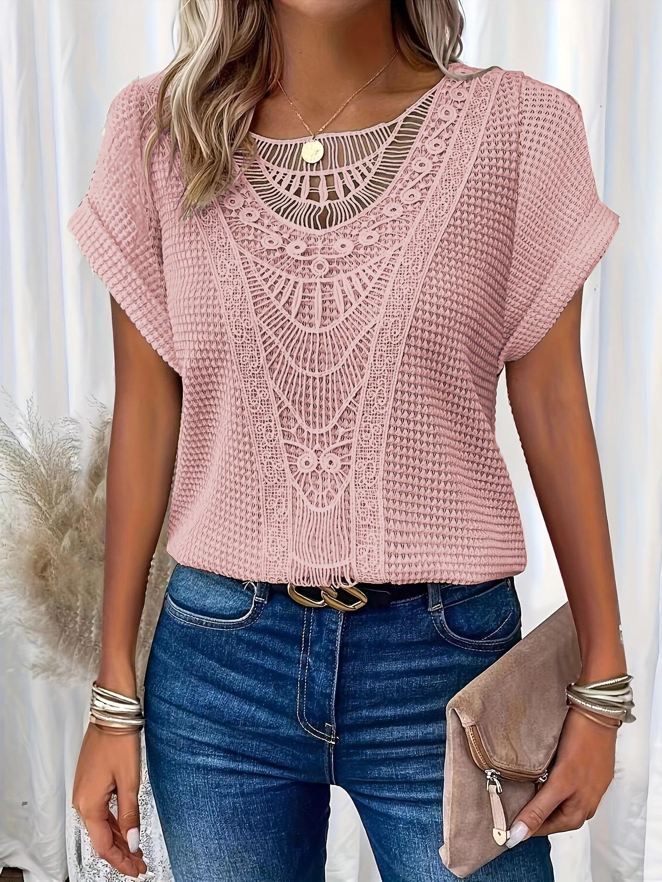 Women's Crochet Panel Short Sleeve Waffle-Knit Shirt - Casual Round Neck Top for Everyday Wear