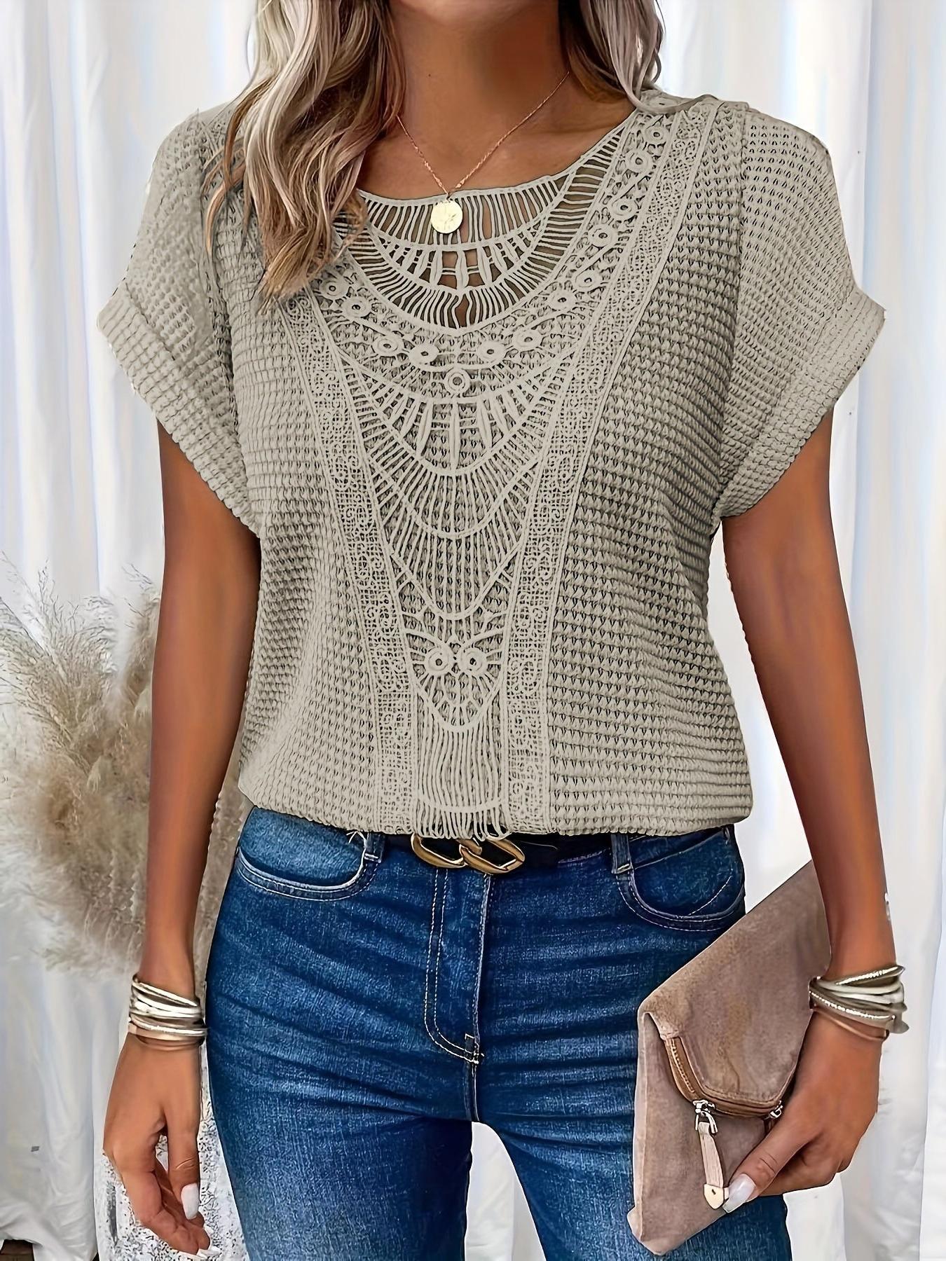 Women's Crochet Panel Short Sleeve Waffle-Knit Shirt - Casual Round Neck Top for Everyday Wear