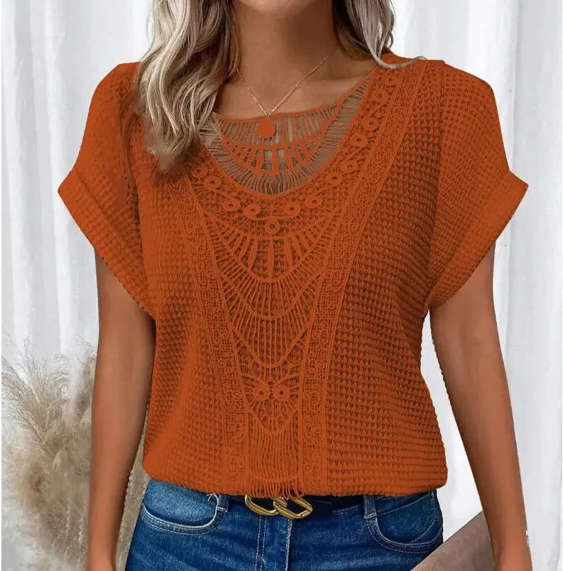 Women's Crochet Panel Short Sleeve Waffle-Knit Shirt - Casual Round Neck Top for Everyday Wear