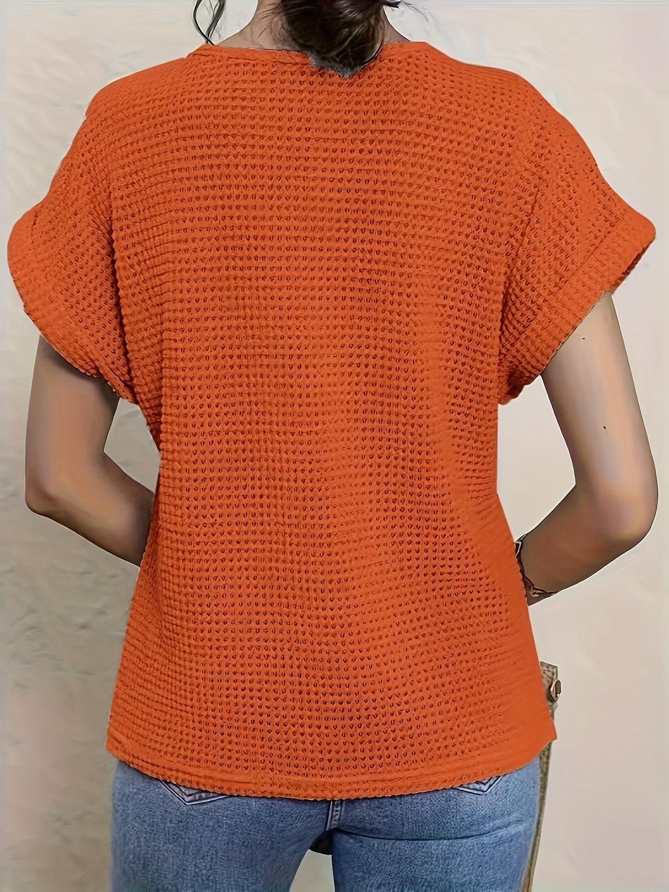 Women's Crochet Panel Short Sleeve Waffle-Knit Shirt - Casual Round Neck Top for Everyday Wear