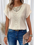 Women's Crochet Panel Short Sleeve Waffle-Knit Shirt - Casual Round Neck Top for Everyday Wear